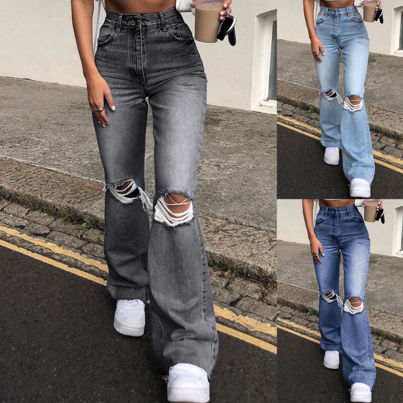 Vintage Y2k Blue Ripped Baggy Flare Pants Women High Waist Harajuku Wide Leg Denim Jeans Mom Female Streetwear Haraj